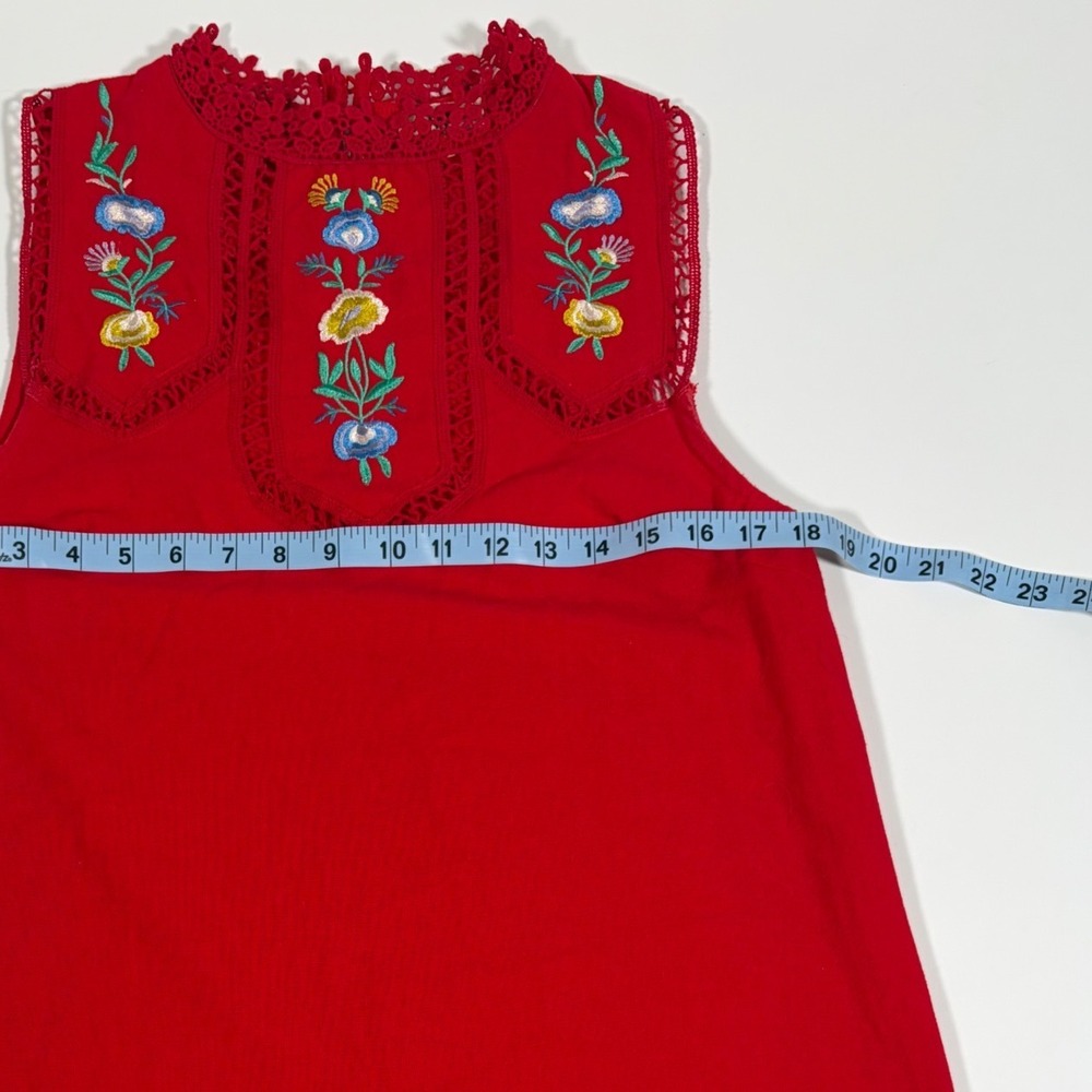 Entro Red Floral Embroidered Crochet Lace Trim Boho Cottagecore Shift Dress M - Picture 5 of 6